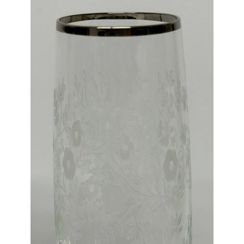 Etched Floral Champagne Glasses Platinum Silver Rim 8 1/4